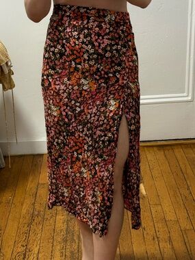 H&M Floral Split Midi Skirt - Pink/Black